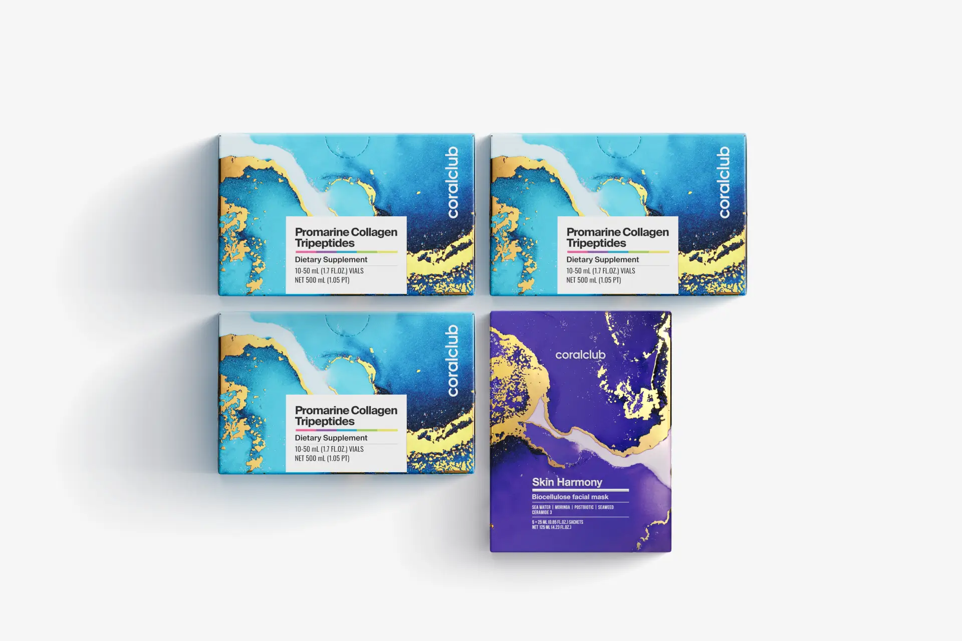 Set Promarine Collagen Tripeptides (cură de 1 lună) și măști faciale din bioceluloză Skin Harmony (5 bucăți)