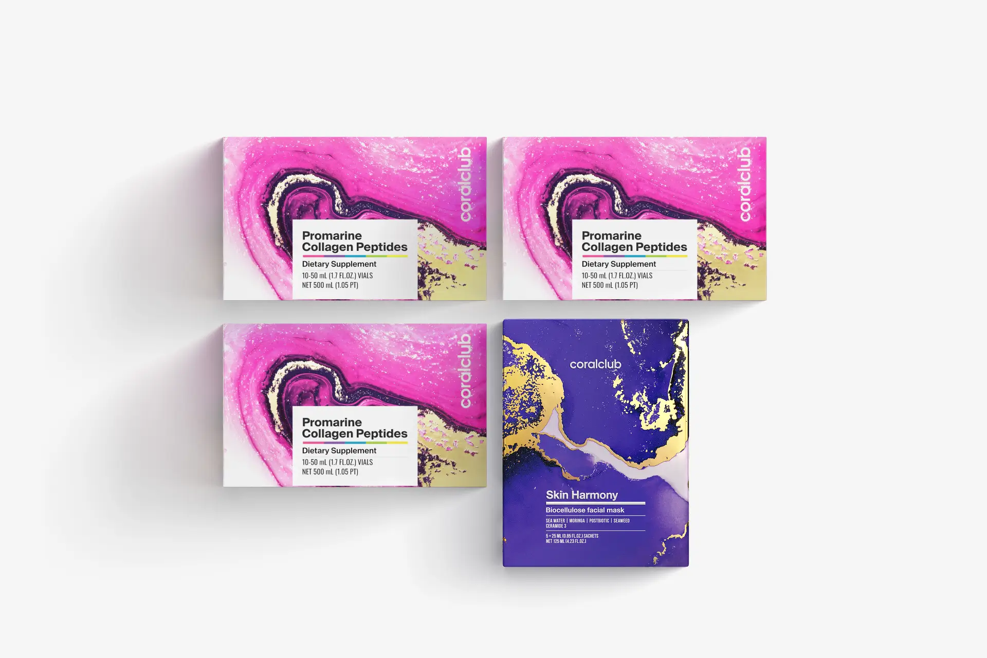 Set Promarine Collagen Peptides (cură de 1 lună) și măști faciale din bioceluloză Skin Harmony (5 bucăți)